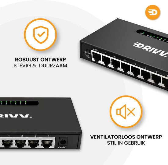 Drivv. Netzwerk-Switch - 8 Ports - Internet-Switch - RJ45-Splitter - schwarz