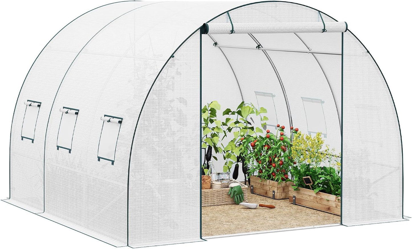 WOLTU Gewächshaus-Folientunnel 300 x 300 x 200 cm – Tomatengewächshaus mit Tür und 6 Lüftungsfenstern – Weiß