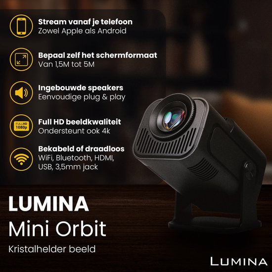 Lumina® Pro Mini Beamer 2025 – Tragbarer 4K-Smart-Projektor mit WLAN 6 und Bluetooth 5.2 – Kompatibel mit iOS und Android – Ideal für das Heimkino – Schwarz