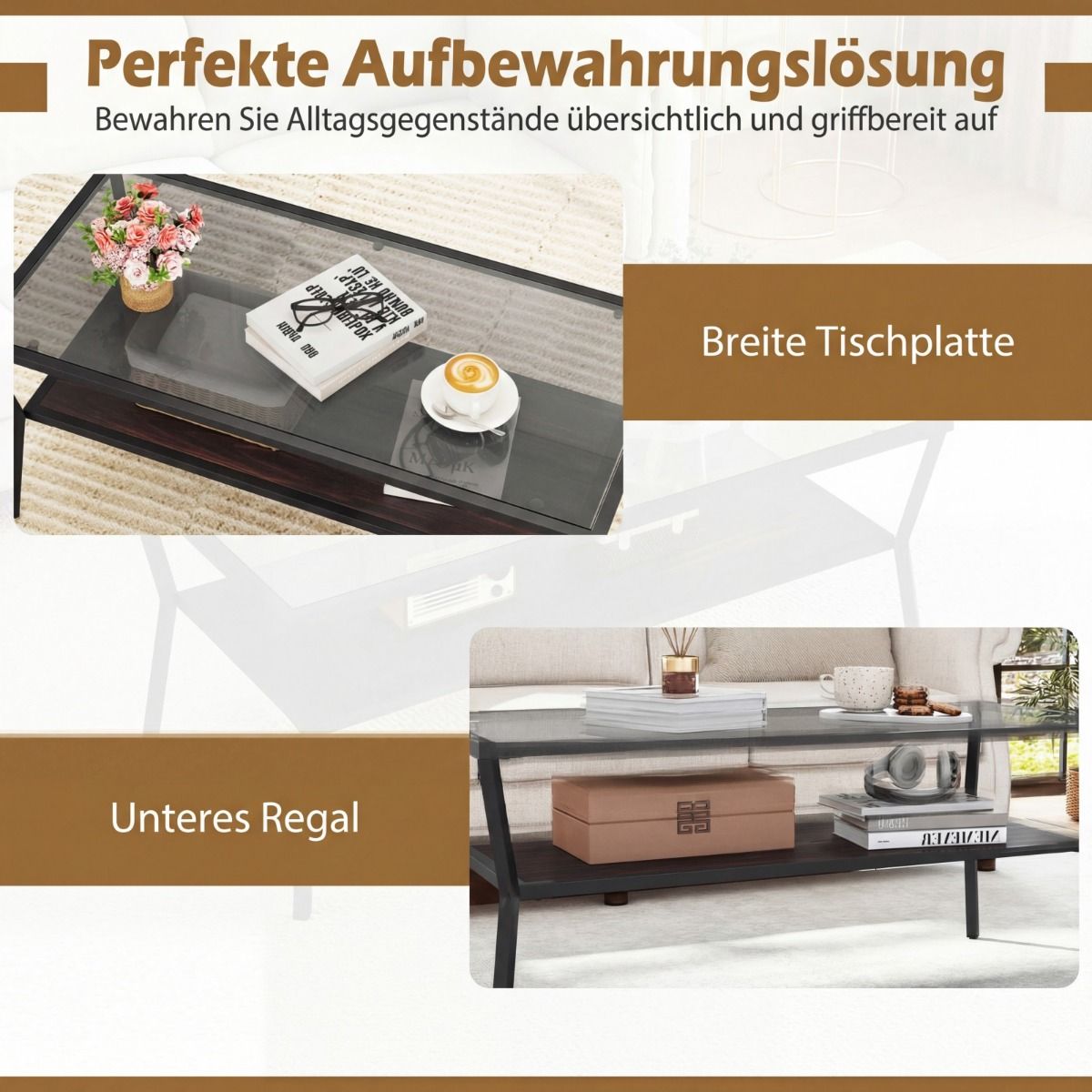 Coast Couchtisch, rechteckig – Tischplatte aus gehärtetem Glas – Metallgestell – grau und schwarz