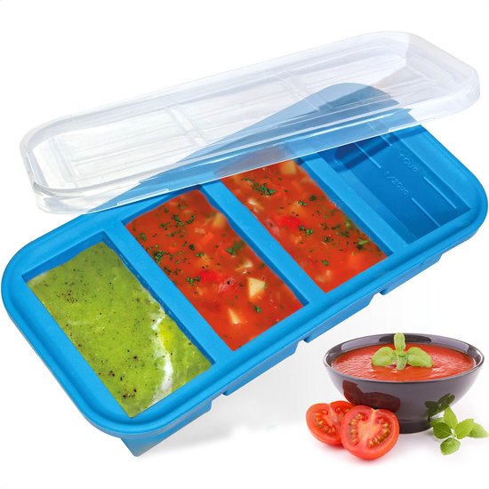 Goliving 4 in 1 Gefrierbehälter - Frischebehälter - 4 x 250ml - Behälter für die Zubereitung von Mahlzeiten - Silikonbehälter mit Deckel - Aufbewahrungsbox für Babynahrung - Gefrierschrank und Mikrowelle - Blau