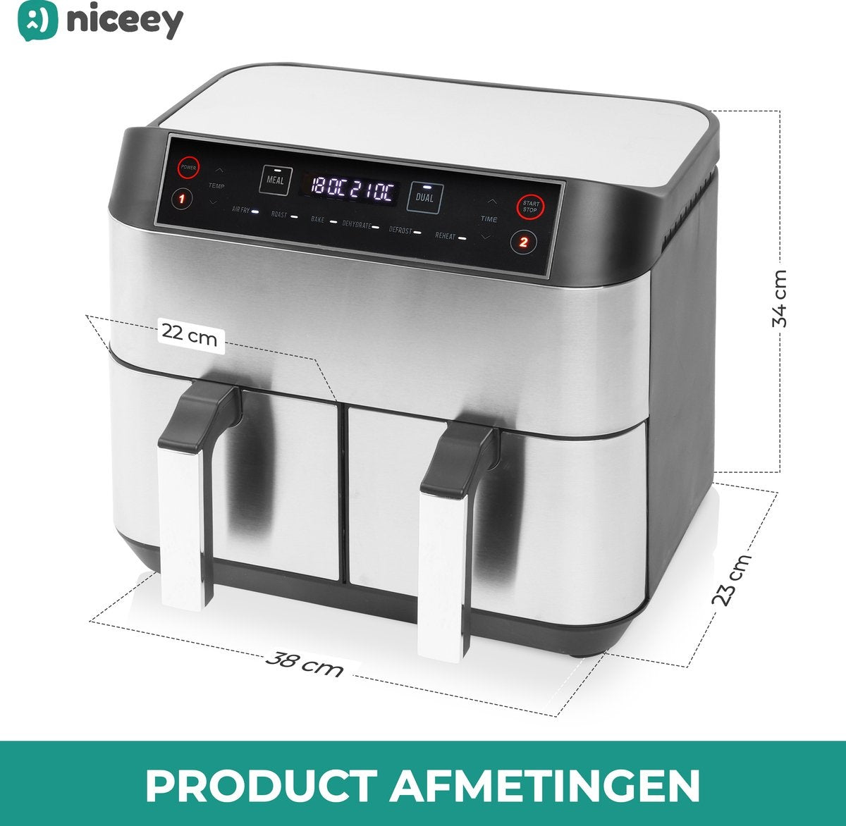 Niceey Double Airfryer XXL - 8L - 2460W - Silber