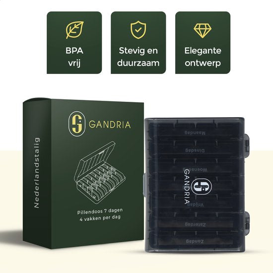 Gandria Pillenbox 7 Tage - Herausnehmbare Pillenbox - Medizinbox mit 28 Fächern - Medizinbox mit stabilem Verschluss - 4 Fächer pro Tag - Schwarz