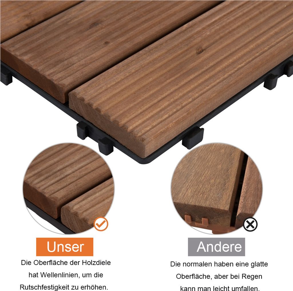 Yaheetech Holz-Klickfliesen – 11 Stück – ca. 1 m² – 30 x 30 cm – Braun