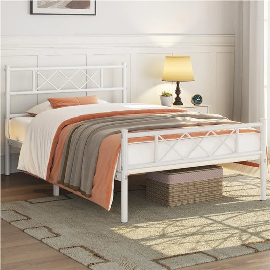 Yaheetech Bettrahmen 90 × 200 cm - Weißes Metall - Einzelbett mit X-Design Kopfteil, Lattenrost und 32 cm Stauraum