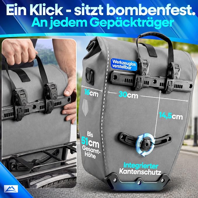 Nextcover Fahrradtasche 28 l – TPU – Rollverschluss/Schnalle – Gepäckträger – Grau