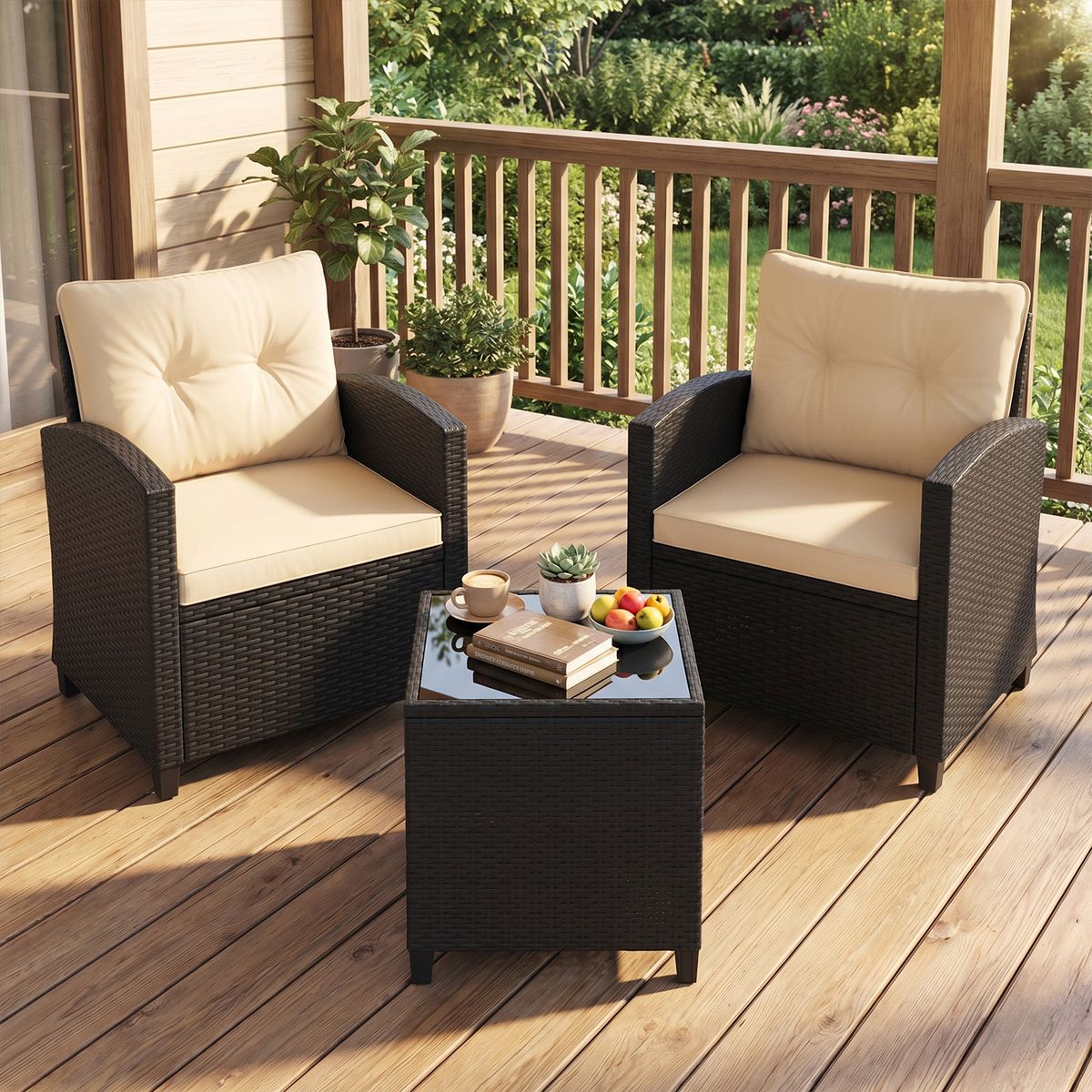 Coast 3-teiliges Rattan-Lounge-Set – mit Sitz- und Rückenkissen – Beistelltisch – beige