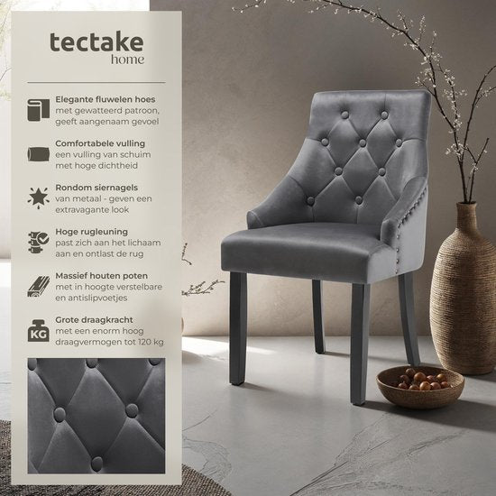 tectake - 2er-Set Esszimmerstühle Everdeen - Samtoptik, abgesteppt - Mit Armlehnen - Beine aus Massivholz - Stuhl für Wohnzimmer, Esszimmer, Küche - Große Rückenlehne - Dunkelgrau / schwarz
