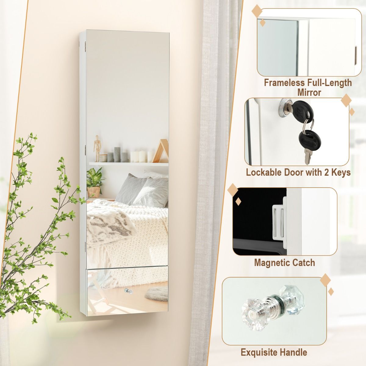 Coast Schmuckschrank - mit Spiegel - LED-Beleuchtung - 120 x 37 x 11 cm - Weiß