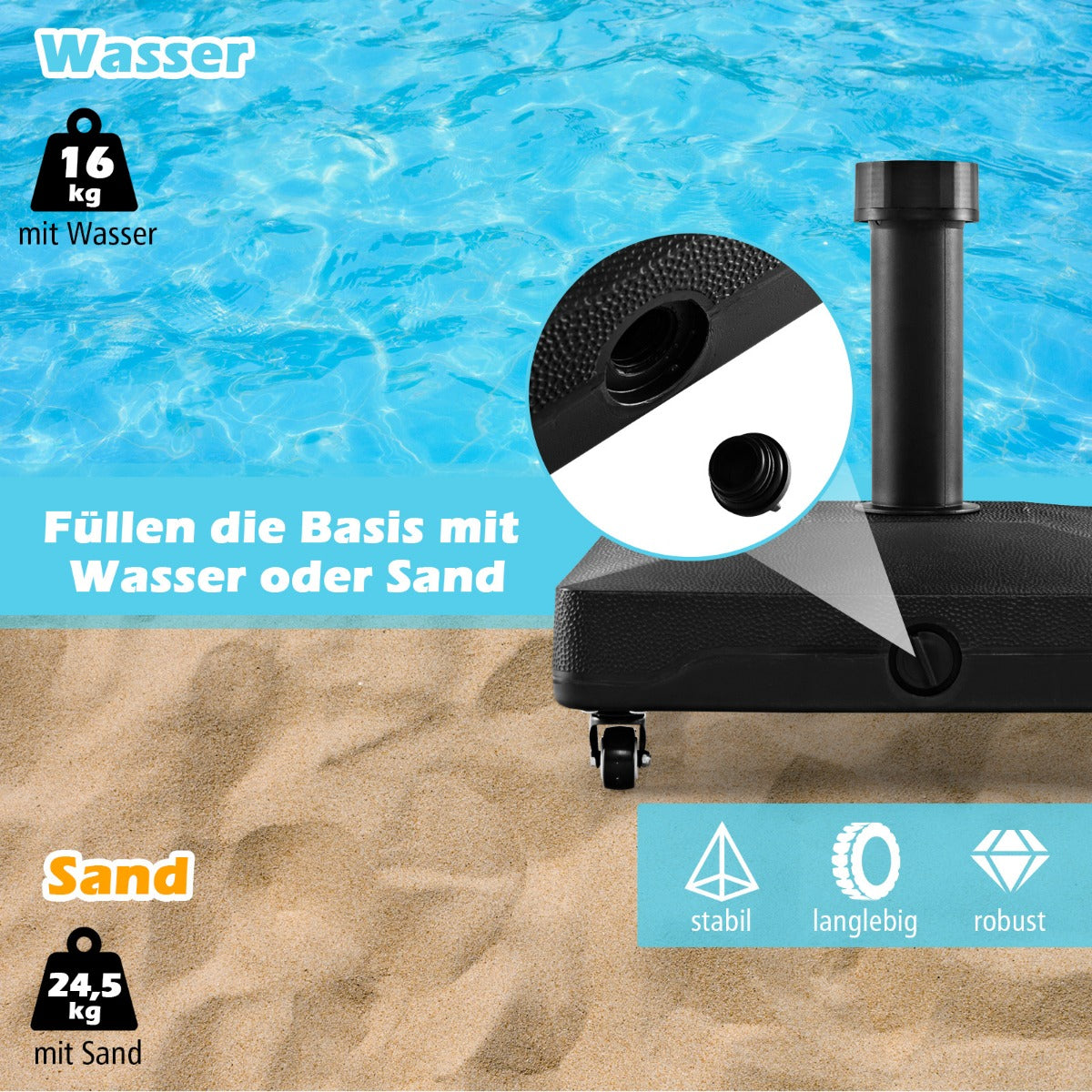 Coast Sonnenschirmbasis auf Rädern - befüllbar - Max. 25 kg - 45 x 44 x 40 cm - Schwarz
