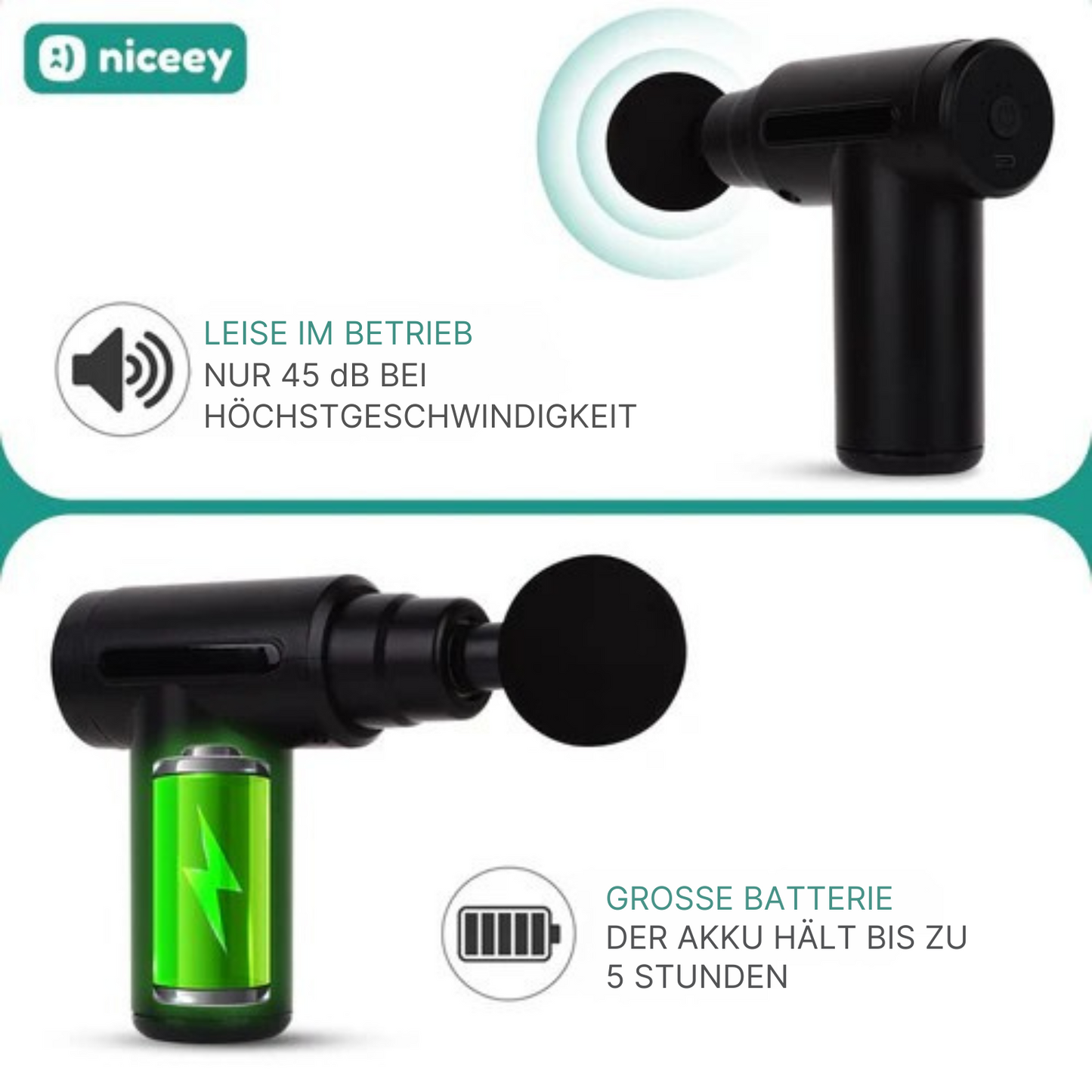 Niceey - Mini-Massagepistole - 6 Geschwindigkeiten - 5 Massageköpfe - Kabellos - Schwarz
