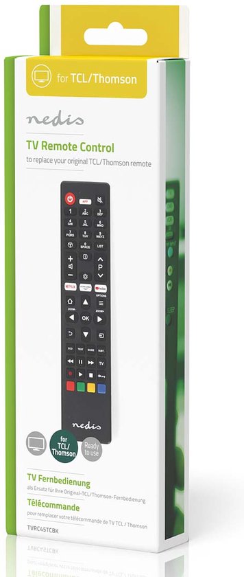 Nedis Ersatzfernbedienung – Geeignet für: TCL/Thomson – Vorprogrammiert – 1 Gerät – Amazon Prime-/Netflix-Taste/YouTube-Taste – Infrarot – Schwarz