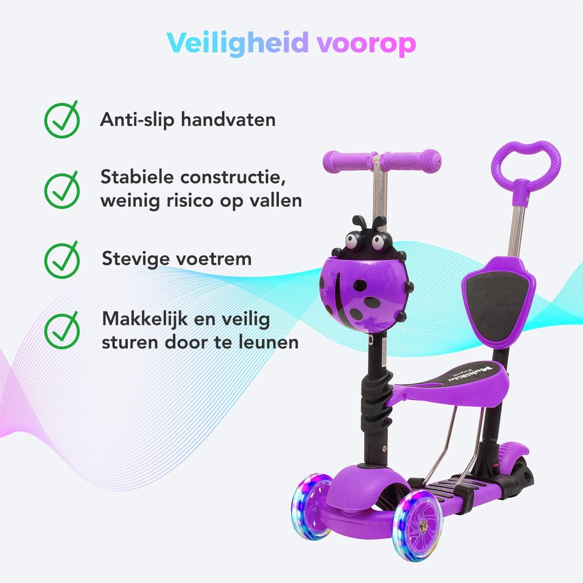 LifeGoods MultiRider - Kinderroller mit Schiebestange - 3 -8 Jahre - Jungen/Mädchen - 3 leuchtende Räder - Lila