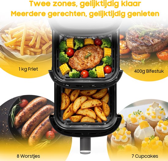 Heißluftfritteuse mit zwei Ebenen – 2700 W, kraftvolles fettfreies Frittieren – 10 l Heißluftfritteuse mit zwei Einschüben und vertikaler Bauweise spart 50 % Platz – 6 Programme – Großes Fassungsvermögen für den Heimgebrauch – Inklusive Rezeptbuch