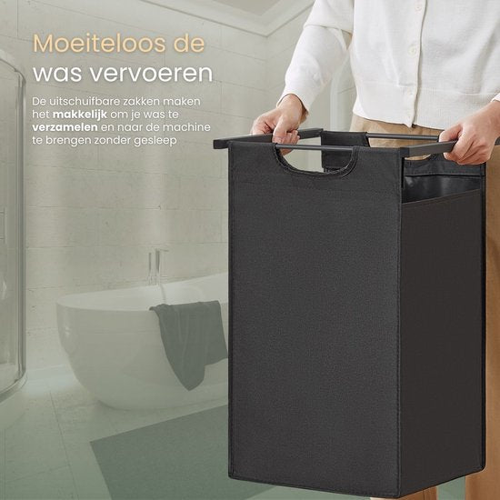 O'DADDY® Wäschekorb mit 2 Fächern & 2 Einlegeböden - 76 Liter - Ausziehbarer Wäschesortierer - Wäschekorb - Wäschebox - Doppelter Wäschekorb - Schwarz/Braun
