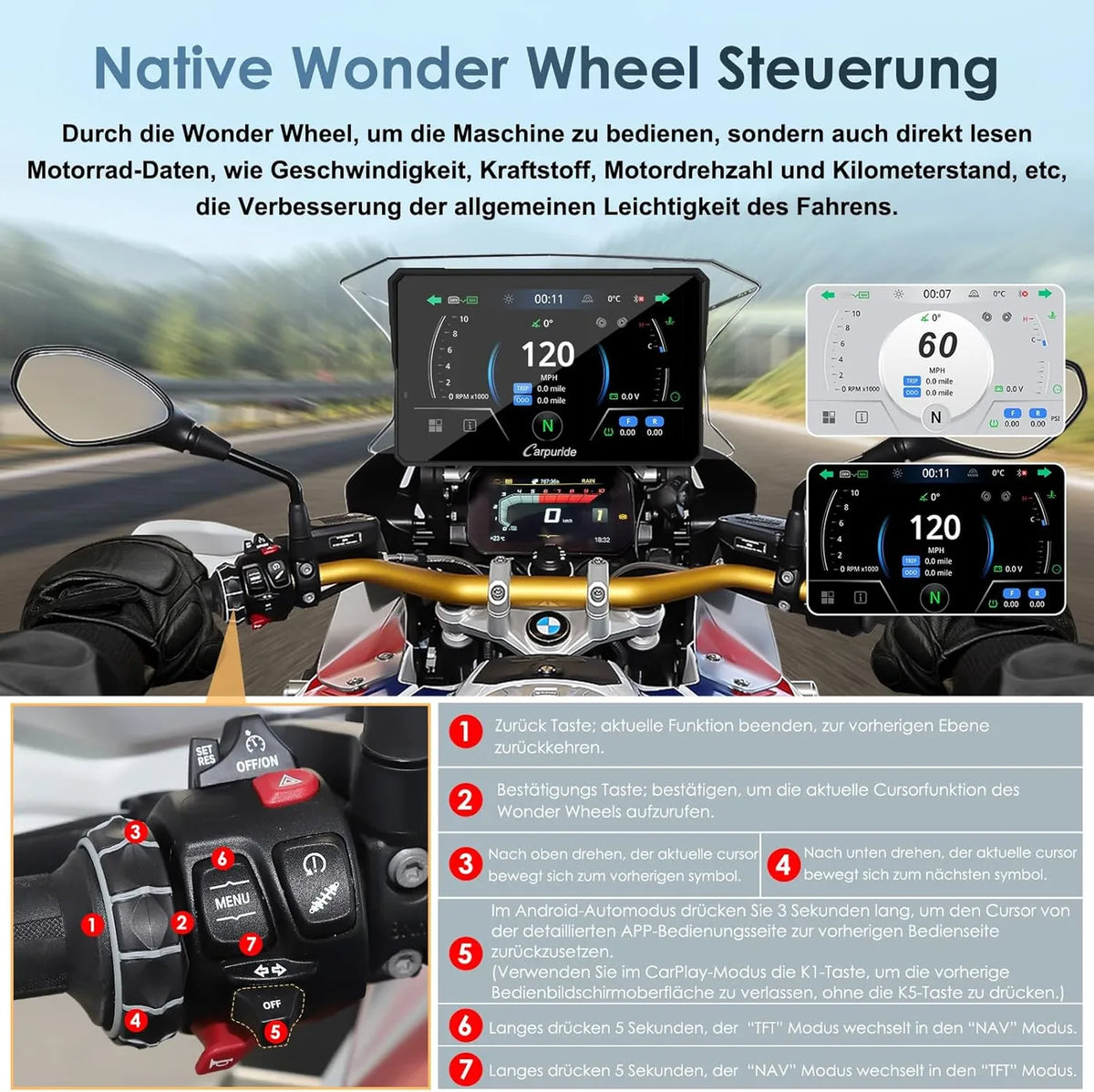 Carpuride W702BS Pro 7-Zoll-CarPlay-Bildschirm für Motorräder – BMW Wonderwiel – Drahtloses CarPlay & Android Auto – Wasserdicht – Schwarz