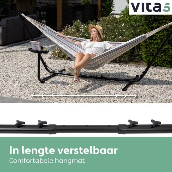 Vita5 Hängematte mit Ständer - 2 Personen - Inkl. Getränkehalter - 205kg Tragegewicht - Blau/Weiß