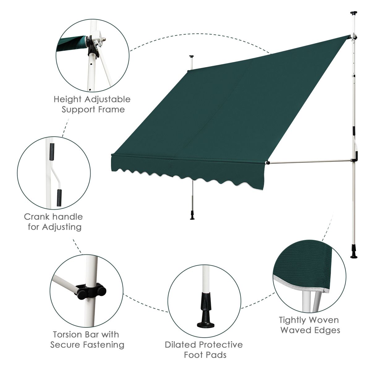 Küstenmarkise 300 x 120 cm Grün - Höhenverstellbar und manuell bedienbar