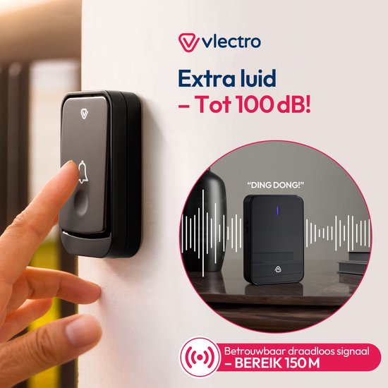 Vlectro - Drahtlose Türklingel mit 1 oder 2 Empfängern - Schwarz - Türklingel mit 2 Empfängern