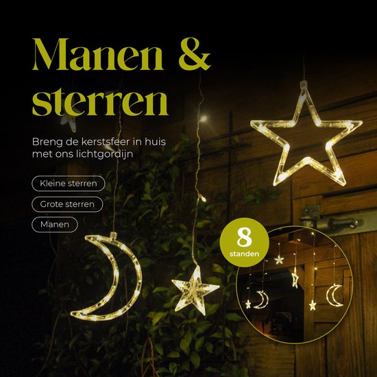 Giftmas Lichtervorhang - 120 LED Hängedekoration - Warmweiß - Monde und Sterne - Weihnachts- und Fensterdekoration - für drinnen und draußen - Weihnachtsdekorationen - 3.5M - Weihnachtsbeleuchtung