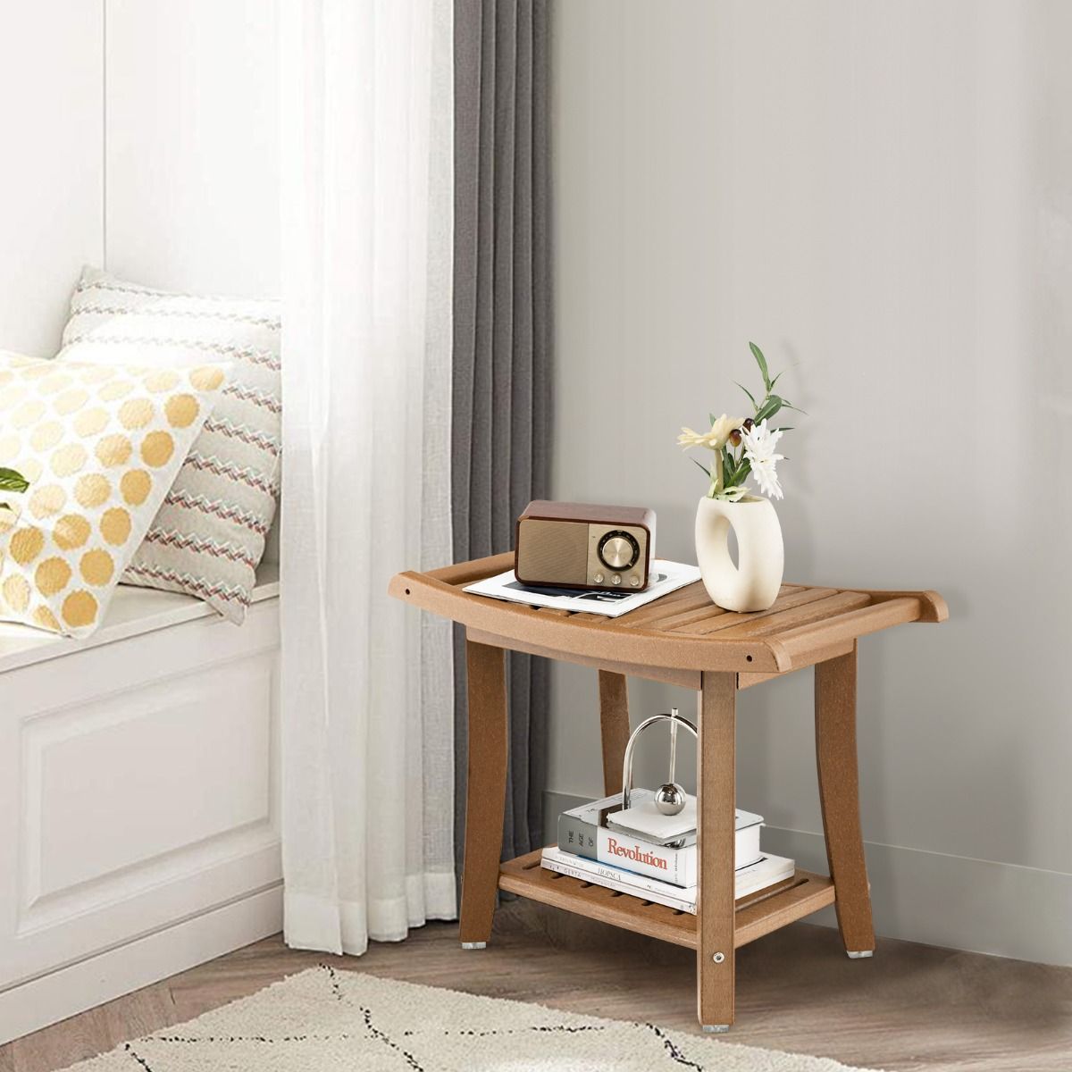 Coast Duschhocker – wasserdicht – geschwungene Sitzfläche – Ablage – braun – 60,5 x 34 x 48 cm