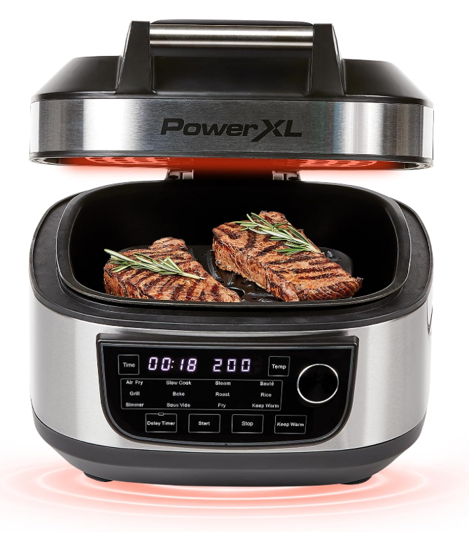 PowerXL Multi-Kocher 12-in-1 ohne Grillplatte – 5,7 l – 1200 W – Silber/Schwarz – Heißluftfritteuse und Slow Cooker