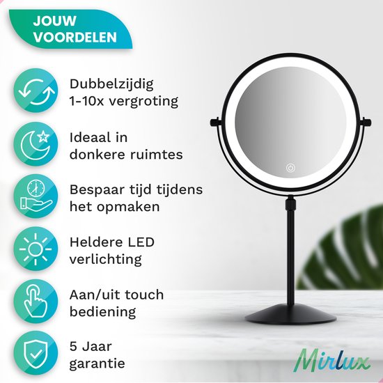 Mirlux Schminkspiegel mit LED-Beleuchtung - 10fache Vergrößerung - höhenverstellbar - 3 Lichtmodi - wiederaufladbar - Vergrößerungsspiegel Schwarz