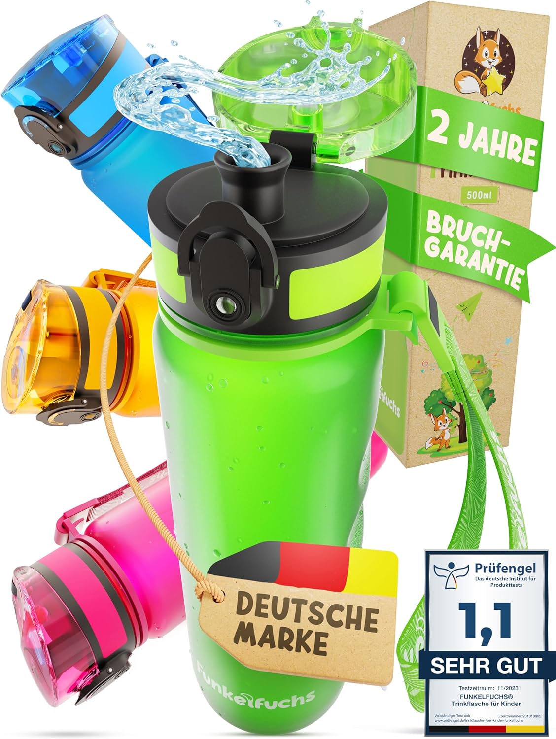 Funkelfuchs® - Trinkflasche für Kinder - 500ml, grün - mit Kohlensäure - 100% auslaufsicher - Wasserflasche spülmaschinenfest - für Kindergarten, Schule, Sport