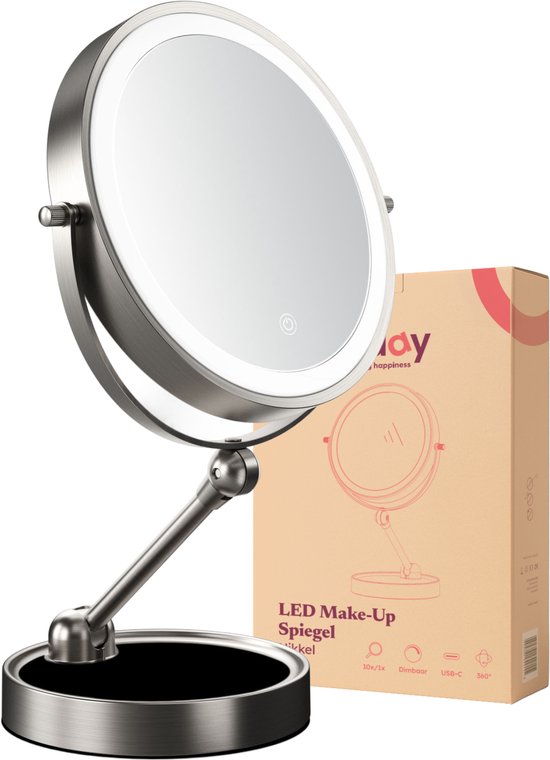 Fraay® Make-up-Spiegel mit LED-Beleuchtung - 10-fache Vergrößerung - Vergrößerungsspiegel mit Licht - wiederaufladbar - Rasierspiegel - Badezimmerspiegel - Nickel