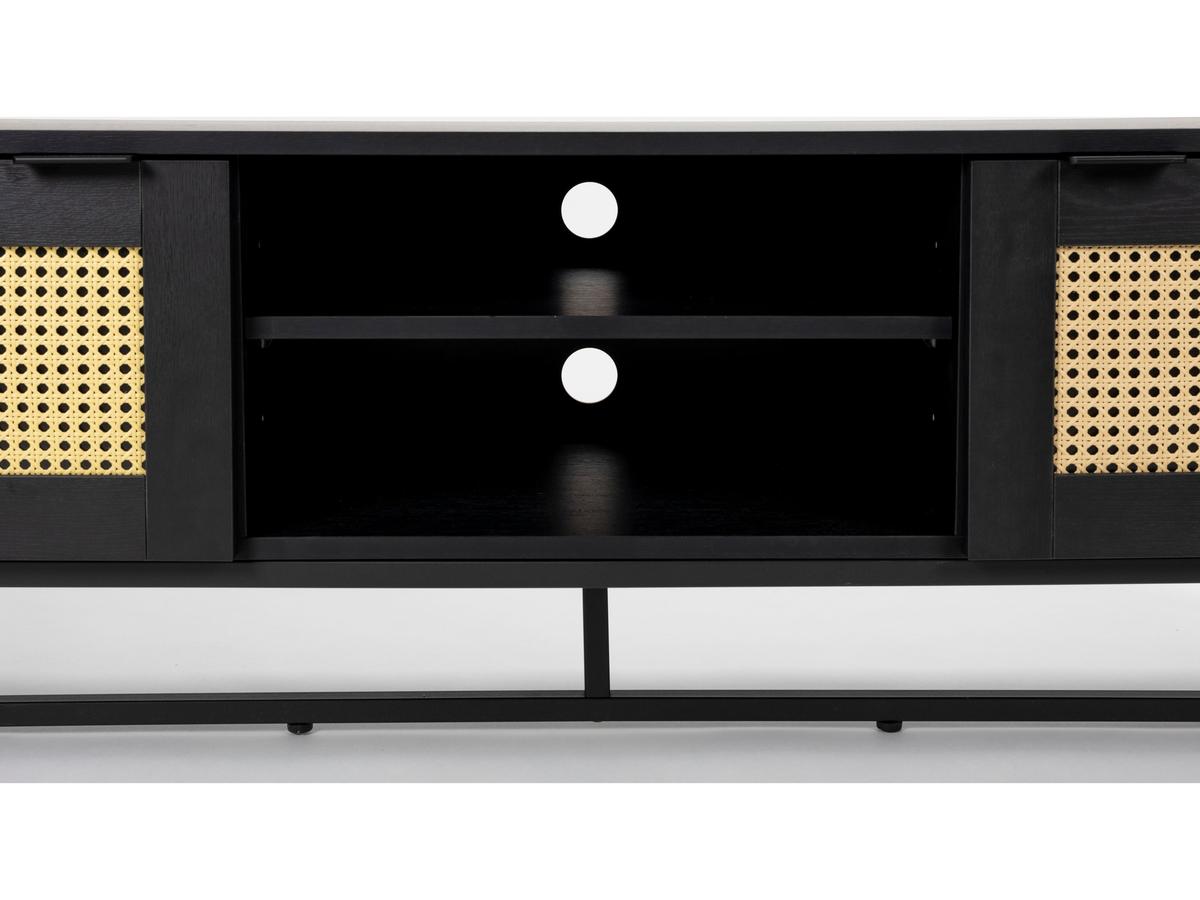 von fonQ TV-Möbel „Cube“ – 150 x 40 x 50 cm – Schwarzer Holzschrank mit Rattan-Geflecht-Details und Metallgestell – Bohemian-Stil