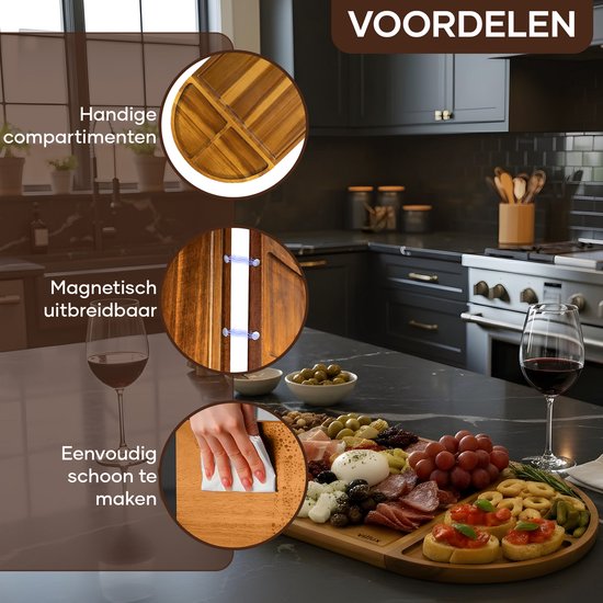 Villux Tapas-Brett – Snackbrett – Servierbrett – Käsebrett – Häppchenbrett – Tapas-Brett aus Akazie – Magnetisches Snackbrett – Inklusive E-Book – 66 cm