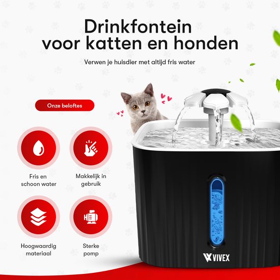 Vivex® Trinkbrunnen – Trinkbrunnen für Katzen und Hunde – inkl. 12 Filter und Reinigungswerkzeug – Flüsterleise – Zusätzliche Filter