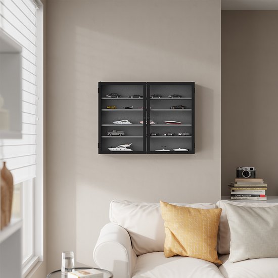 SoBuy Wandvitrine – 4 verstellbare Einlegeböden – Glastüren – 80 x 12,2 x 60 cm – Schwarz/Grau