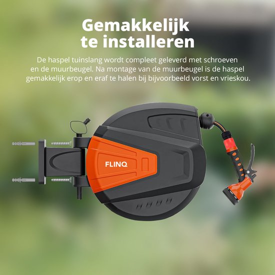 FlinQ Gartenschlauchtrommel 10 Meter - Automatische Schlauchtrommel - 180° drehbare Wandtrommel - Wandschlauchbox mit Gartenschlauch, Trommel und Sprinklerkopf - 9 Sprühmodi