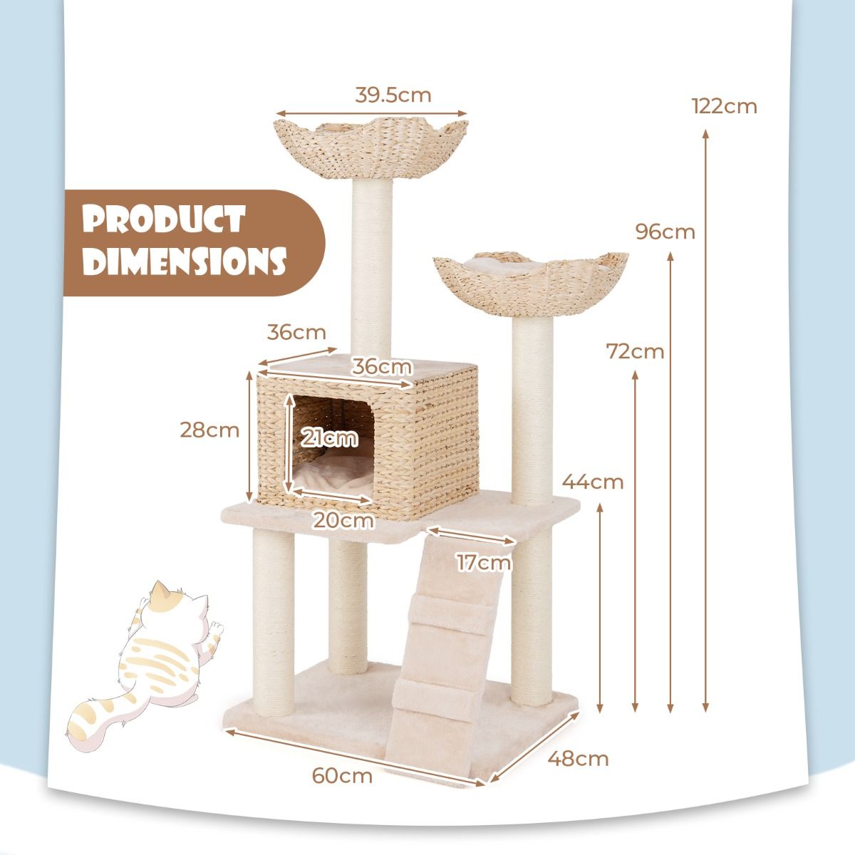 Coast Kratzbaum für Katzen – 4 Ebenen – Sisal-Kratzbäume – waschbare Kissen – beige 122 cm