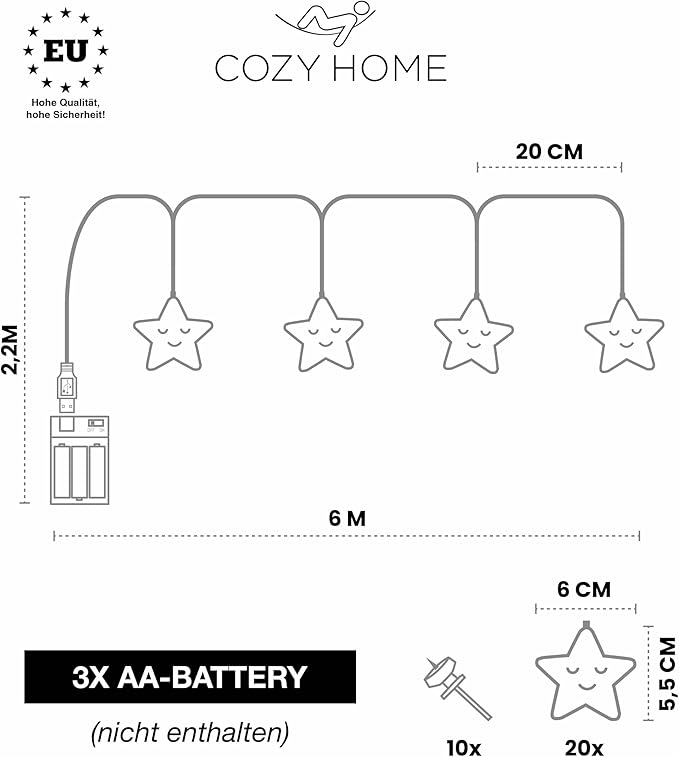CozyHome Kinderzimmer-Lichterkette - 20 LED-Sterne