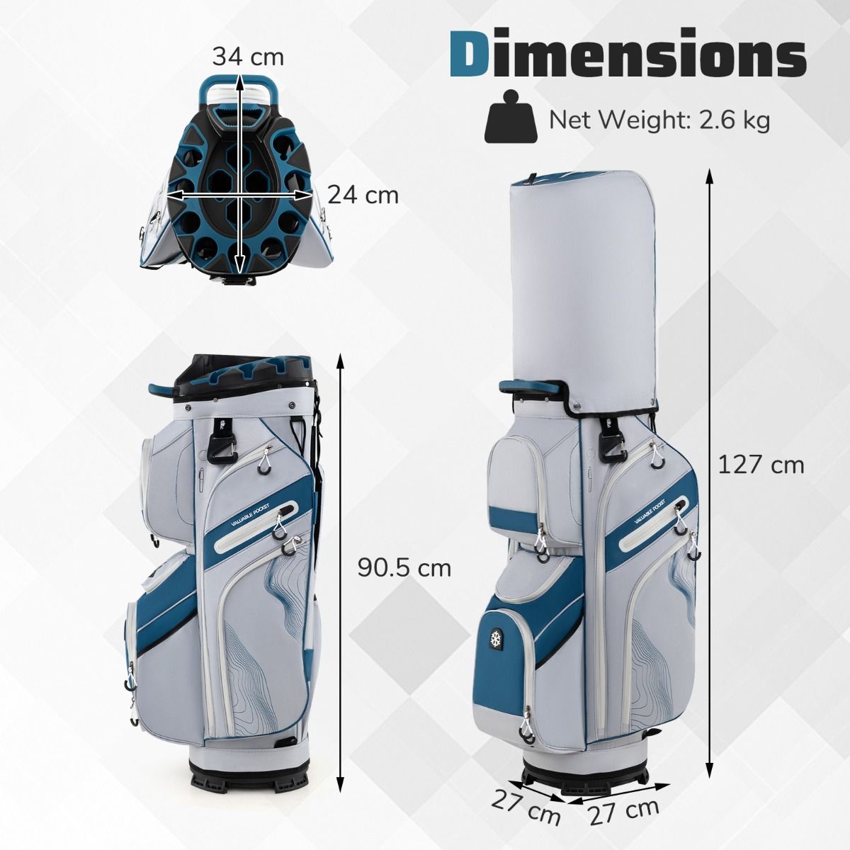 Coast Golf Bag mit 14 Fächern, 11 Taschen, Trageriemen und Regenschutz - leichte Golf Cart Bag - 34x24x90,5 cm - Marineblau