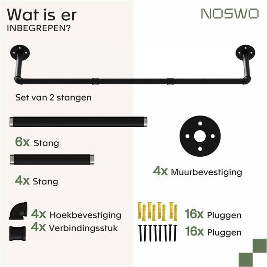 Noswo Wand-Kleiderständer - 2 Stück - Hochwertige Stahl-Kleiderstange - Kleiderständer - Kleiderstange - Kleiderstange - 112 cm - Schwarz