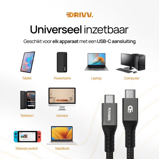 Drivv. USB-C-zu-USB-C-Kabel 4.0 – Gen 3 – 240 W Schnelllader – 8K 60 Hz – 40 Gbit/s – 3 Meter – Nylon – Schwarz