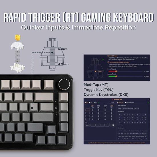 Ajazz RGB Mechanische Gaming-Tastatur - 75% kabelgebundene - Hall-Effekt Rapid Trigger - Seitlich bedruckte Tasten - Dichtung - Hot Swap - 8K Hz Polling Rate - QWERTY - 82 Tasten - Gradient Grey