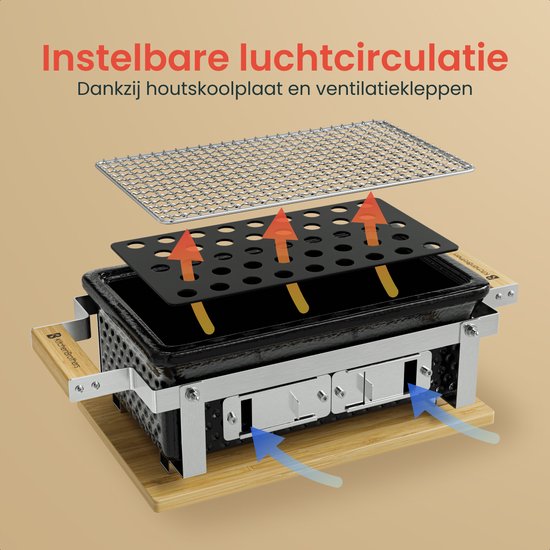 KitchenBrothers Kamado Hibachi Grill - PFAS frei - mit Grillrost und Stöcken - Holzkohlegrill - Shichirin Tischgrill - Rechteckiger BBQ - Keramikgrill - Schwarz