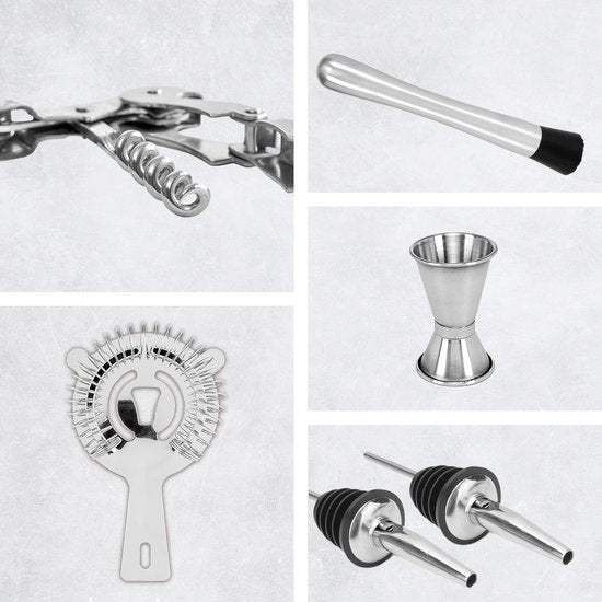 KitchenBrothers Cocktail Set - 25 Stück - Deluxe Set - Cocktail Shaker (750ml) - Dunkelbraun/Bambus - Mit Rezeptheft - Geschenkverpackung