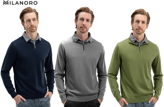 Milanoro - Herren Pullover mit Hemdkragen und halbem Reißverschluss - Navy - XXL