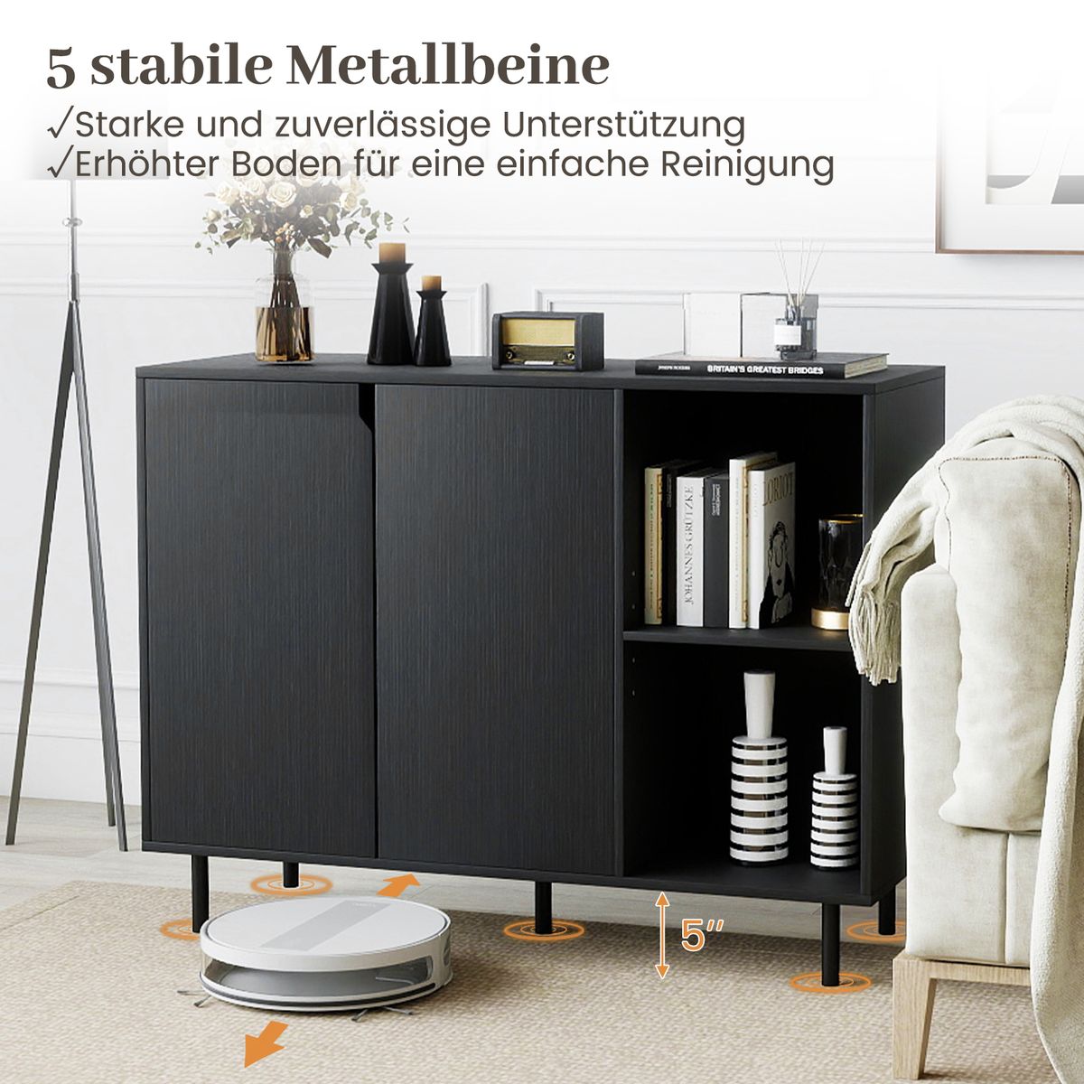 Coast Kommode mit 4 Fächern und 2 Türen – verstellbare Einlegeböden – schwarz – 106 x 38 x 80 cm
