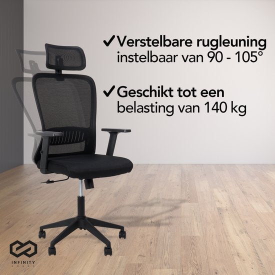 Infinity Goods Ergonomischer Bürostuhl - Bürostühle für Erwachsene - Vollständig verstellbar - Bürostuhl - Schwarz