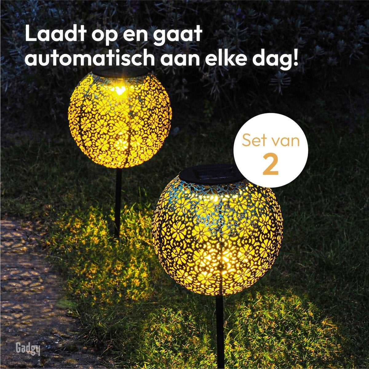 Gadgy Solar Gartenweg mit Erdspieß - Solar Gartenleuchten - 2er Set - 34 hoch - Bronzefarbenes Metall - Solarbetriebene Gartenleuchten - Led Außenbeleuchtung mit Sensor - Gartenfackel - Gartenpfahl - Gartenlaterne