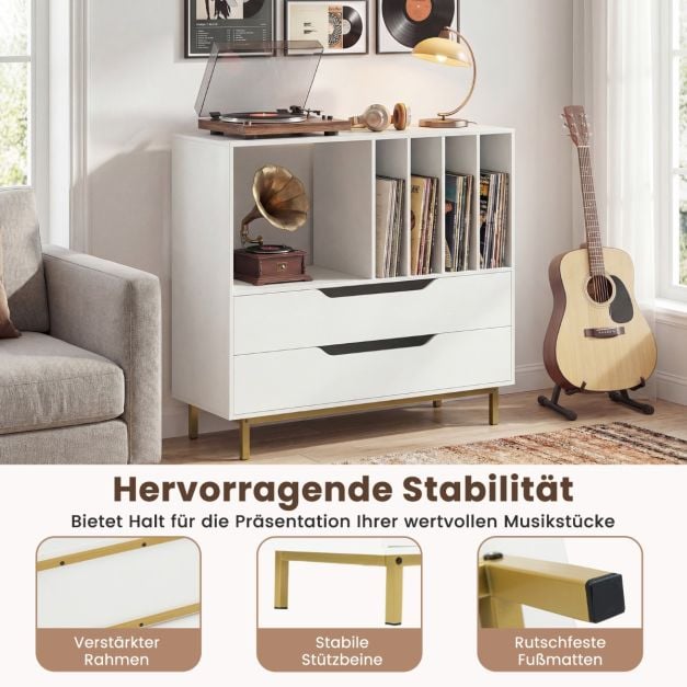 Coast Plattenspieler-Möbel Weiß - Retro-Vinylschrank mit 4 Plattenfächern und 2 Schubladen - 91 x 36 x 87 cm