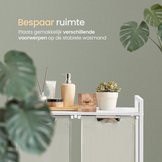 O'DADDY® Wäschekorb 2 Boxen - Ausziehbarer Wäschesortierer mit Regal - 76 Liter - 73 x 33 x 72 cm - Verstellbare Beine - Einfache Montage - Multifunktional und stilvoll - Metall - Weiß