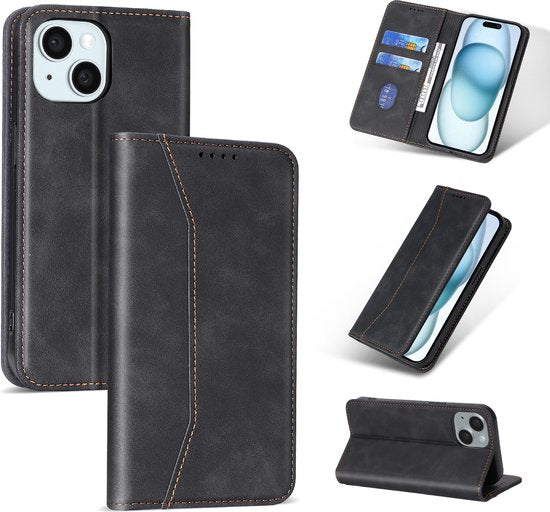Podec Case mit Kartenhalter geeignet für iPhone 15 Schwarz Phone Case - Anti-Shock Bookcase Cover mit 1x Displayschutzfolie - Wallet Case