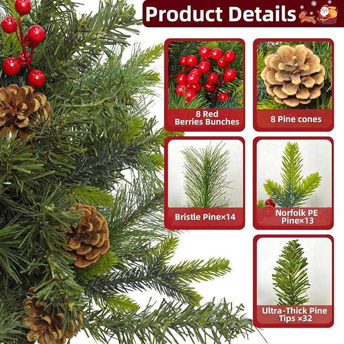 Mini-Weihnachtsbaum mit Lichtern, künstliche kleine Weihnachtsbäume, Timer, 30 led Lichter, warmes weißes Licht, Tannenzapfen, rote Beeren, realistische Zweige für Weihnachtsdekoration, innen, Urlaub